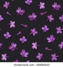 Soft pastel color floral background. Purple Lilac flowers and petals watercolor style, black vector seamless pattern