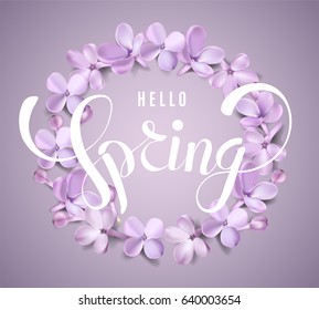 Soft pastel color floral background. Purple Lilac flowers and petals watercolor style vector illustration template with Hello Spring text