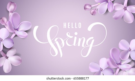 Soft pastel color floral background. Purple Lilac flowers and petals watercolor style vector illustration template with Hello Spring text