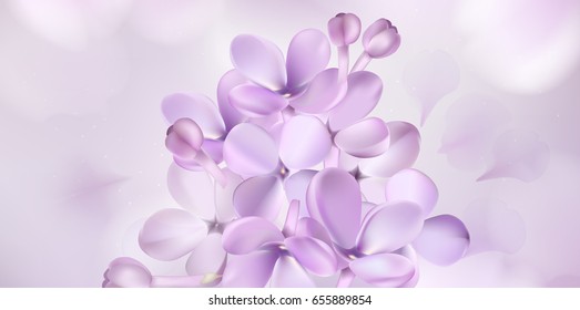Soft pastel color floral background. Purple Lilac flowers and petals watercolor style vector illustration template