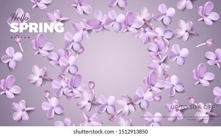 Soft pastel color floral banner background. Purple lilac flowers and petals vector illustration, website template or print card romantic design