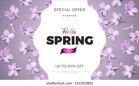 Soft pastel color floral banner background. Purple lilac flowers and petals vector illustration, website template or print card romantic design