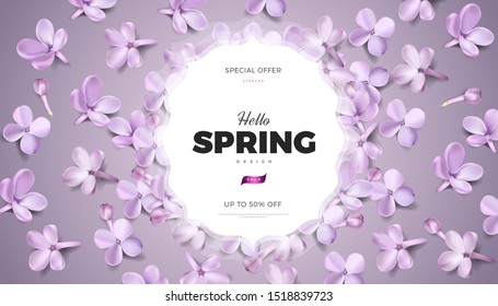Soft pastel color floral banner background. Purple lilac flowers and petals vector illustration, website template or print card romantic design