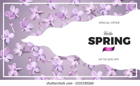 Soft pastel color floral banner background. Purple lilac flowers and petals vector illustration, website template or print card romantic design