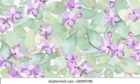 Soft pastel color floral illustration background. Purple Lilac flowers and leaves watercolor style vector illustration template