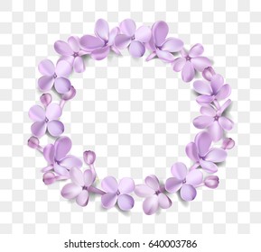 Soft pastel color floral wreath isolated on transparent background. Purple Lilac flowers and petals watercolor style vector illustration template