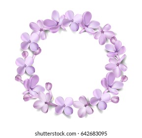Soft pastel color floral wreath isolated on white background. Purple Lilac flowers and petals watercolor style vector illustration template