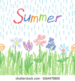 Soft pastel color flowers with green grass, rain and text.  Crayon like kids hand drawn colorful funny spring summer background. Like child drawn cute doodle meadow. Vector chalk or pencil art banner