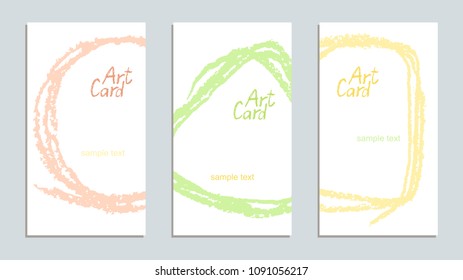  Soft pastel color hand drawing artistic stroke copy space card set. Crayon or pastel chalk texture. Art lines frame. Vector banner background for text on white.