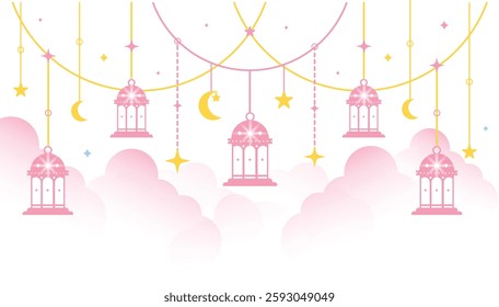 The soft pastel color palette background with pink and gold hanging lanterns, making it ideal for Ramadan social media posts, greeting cards, flyers, banners, invitations, and festive decorations.