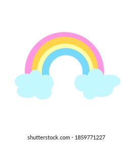 Soft pastel colored rainbow with two blue cloud on white background. Isolated colorful rainbow vector illustration. 