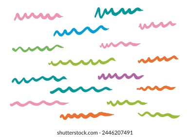 Soft pastel colored wavy lines in an array of gentle tones hand-drawn on a white background, creating a tranquil design set.