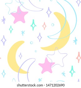 Soft pastel colors seamless repeat pattern with crescent moons and twinkling stars