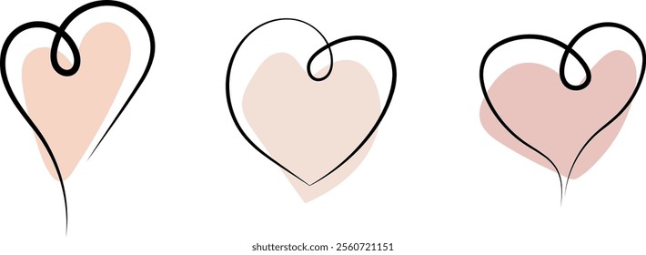 Soft pastel colors Valentine's day illustration. Doodle, minimal style heart shape frames set. Linear hearts, line drawings with trendy fluid, liquid text background.