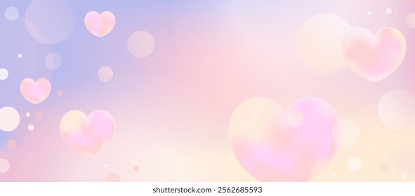 Soft pastel Valentine’s Day banner with pink hearts, dreamy gradients, and gentle bokeh effects for romantic event designs and wedding invitations