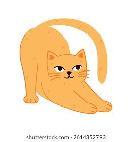 Soft pastel delicate the kitty is stretching isolated on transparent background. Trendy modern flat vector illustration with cute yellow cat, kitten for cards, scrapbooking, stickers.
