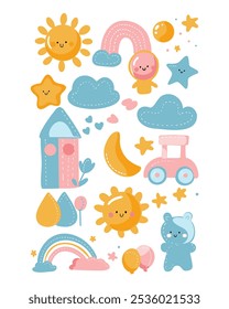 Soft pastel children’s design with the sun, moon, rainbow, and stars