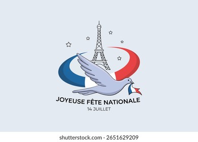 Pomba pastel macia com fita e arte da Torre Eiffel para cartão de saudação alegre do Dia da Bastilha ou cartaz festivo