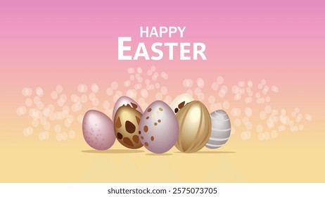 Soft pastel Easter greeting featuring a row of beautifully decorated Easter eggs in shades of pink, gold, and pastel hues. The text 'Happy Easter' is displayed in white against a gradient pink and yel