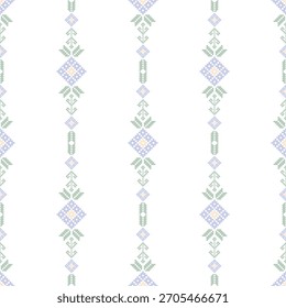 Padrões étnicos sem emenda pastel macio com motivos geométricos verticais em tons de azul claro e verde em um fundo branco limpo. Ideal para têxteis, artigos de papelaria, embalagens, decoração de casa e mín moderna