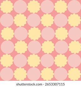 soft pastel floral and circle pattern vector - warm bright yellow, lilac purple, sky blue, blush pink seamless geometric design, whimsical geometric circle and flower pattern