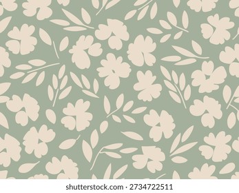 Padrão floral pastel suave com flores delicadas e folhas em um fundo verde silencioso, ideal para designs elegantes.