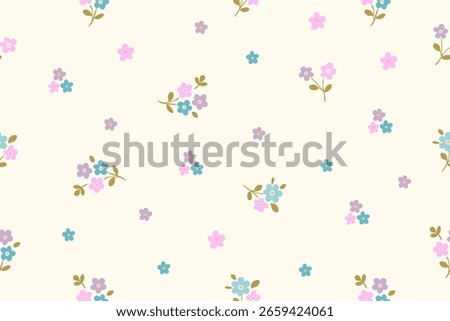 Soft pastel floral pattern with pink, blue, and purple flowers scattered on a light beige background. Cute and delicate design ideal for fabric or kids' decor.