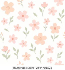 Pastel macio floral padrão sem emenda com pêssego e flores rosa em um fundo esbranquiçado. Ideal para tecido, embrulho e design digital.