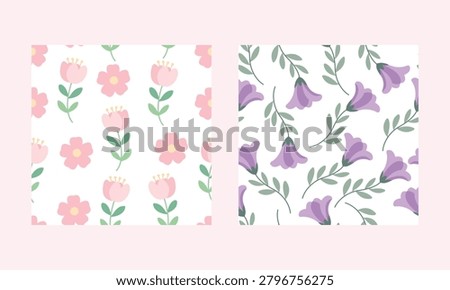 Soft pastel floral seamless pattern set. Lovely vector illustration with sweet pink tulips, blooming blossoms, and purple bellflowers with green leaves on white background.