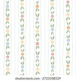 Suaves rayas florales pastel con pequeñas flores, hojas, líneas punteadas y divisores ondulados suaves. Un lindo diseño de primavera dibujado a mano perfecto para la tela de los niños, Fondo de pantalla, decoración de la guardería, scrapbooking. EPS 10