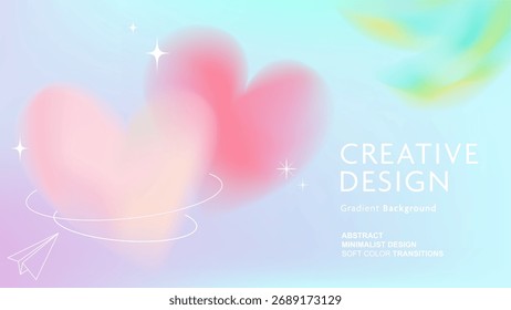 Soft pastel gradient background with abstract heart shapes and dreamy light effects. Minimalist creative design featuring smooth color transitions in pink, blue, and lavender tones.