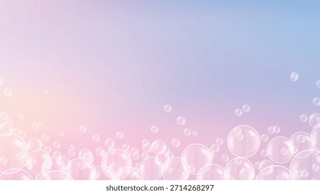 Soft pastel gradient background pink purple blue with floating transparent bubbles spheres soap foam dreamy abstract wallpaper for beauty cosmetic design template