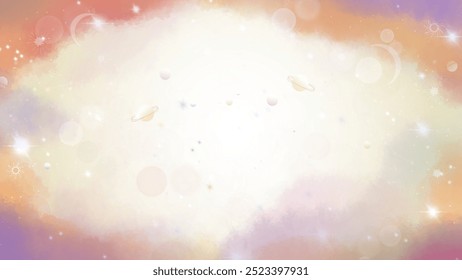 A soft pastel gradient cosmic background in warm tones of peach, yellow, and purple. The design features subtle planets, stars, and glowing elements.