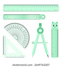 Soft pastel green stationery set featuring rulers, protractor, compass, and cartoon designs. Vector flat style for school themes.