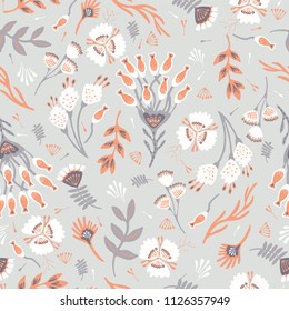 Soft Pastel Grey Orange Floral, Seamless Vector Pattern, Hand Drawn Folk Style Flower Illustration for Trendy Fashion Prints, Wallpaper, Stationery, Elegant Home Decor, Gift Wrap & Pretty Backgrounds 