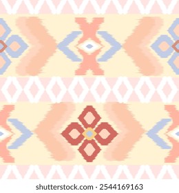 Soft Pastel Ikat Pattern with Diamond and Floral Motifs Gentle Geometric Design for Textiles, Wallpapers, and Home Decor in Relaxing Shades