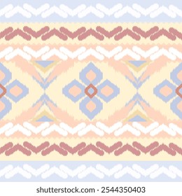 Padrão Ikat de Pastel macio com motivos florais e Zigzag design com inspiração étnica em tons quentes e calmantes para têxteis, papel de parede e decoração de casa