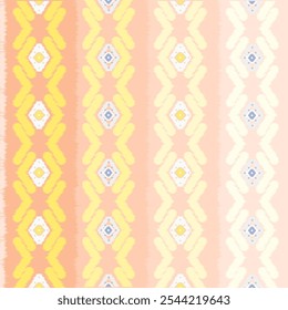 Soft Pastel Ikat Pattern with Vertical Stripes and Geometric Diamond Motifs in Warm Tones Perfect for Textiles, Wallpaper, and Home Decor with a Gentle, Ethnic-Inspired Design