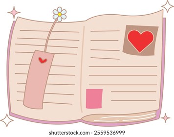 A soft pastel illustration of an open book featuring a heart bookmark, flower decoration, red heart note, and sparkles.