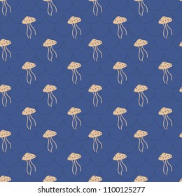 Soft pastel jellyfish in wavy blue sea. A playful, modern, and flexible pattern for brand who has cute and fun style. Repeated pattern. Happy, bright, and nautical mood.