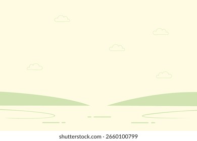 Soft pastel landscape with rolling green hills, a light cream sky, and outlined clouds. Simple, calm, and ideal for web backgrounds, nature themes, or kids' designs.