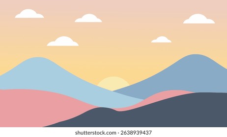 Soft pastel mountain landscape with clouds and calm sunset sky
