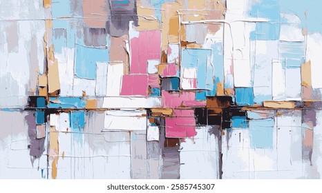 Soft pastel palette. Abstract vector cityscape with Delicate Blues, Pinks, and Neutrals Reflecting a Tranquil Urban Impression, Harmonious Geometry, and a Dreamlike Architectural Composition