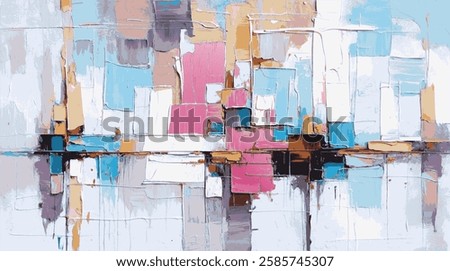 Soft pastel palette. Abstract vector cityscape with Delicate Blues, Pinks, and Neutrals Reflecting a Tranquil Urban Impression, Harmonious Geometry, and a Dreamlike Architectural Composition