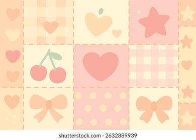 Zacht pastel patchwork patroon met harten, bogen, kersen en sterren. Ideaal voor kinderproducten, kinderdagverblijf ontwerp, briefpapier, textiel, leuke branding. Perfect voor meisjesthema's en babythema's. Platte vector
