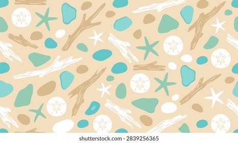 Soft pastel pattern with driftwood, starfish, and sea glass. Ideal for summer branding, coastal home decor, and beachwear.
