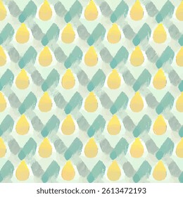 Soft pastel pattern with yellow, teal, and gray egg shapes, grunge lines ikat pattern, striped seamless pattern, Vector illustration background for print the paper.