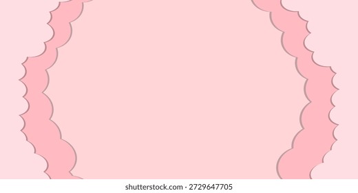 Fondo rosa pastel suave con bordes decorativos festoneados en forma de nube, creando un marco suave para el espacio de copia