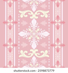 Soft pastel pink as the background luxurious and vintage feel, ideal for high-end applications delicate harmonious look seamless scroll border pattern floral leafy motif giving it classical  aesthetic