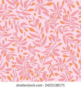 Soft pastel pink hand-drawn pattern with orange flowers. Vector seamless pattern design for textile, fashion, paper, packaging, wrapping and branding